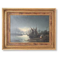 William Anslow Thornley (British fl.1858-1898): 'Sunrise - Gravesend from Tilbury' and 'Moonlight - The Medway before Rochester', pair oils on canvas signed, original title labels verso 25cm x 35cm (2) 
Provenance: with the Kenulf Gallery, Winchcombe, labels verso