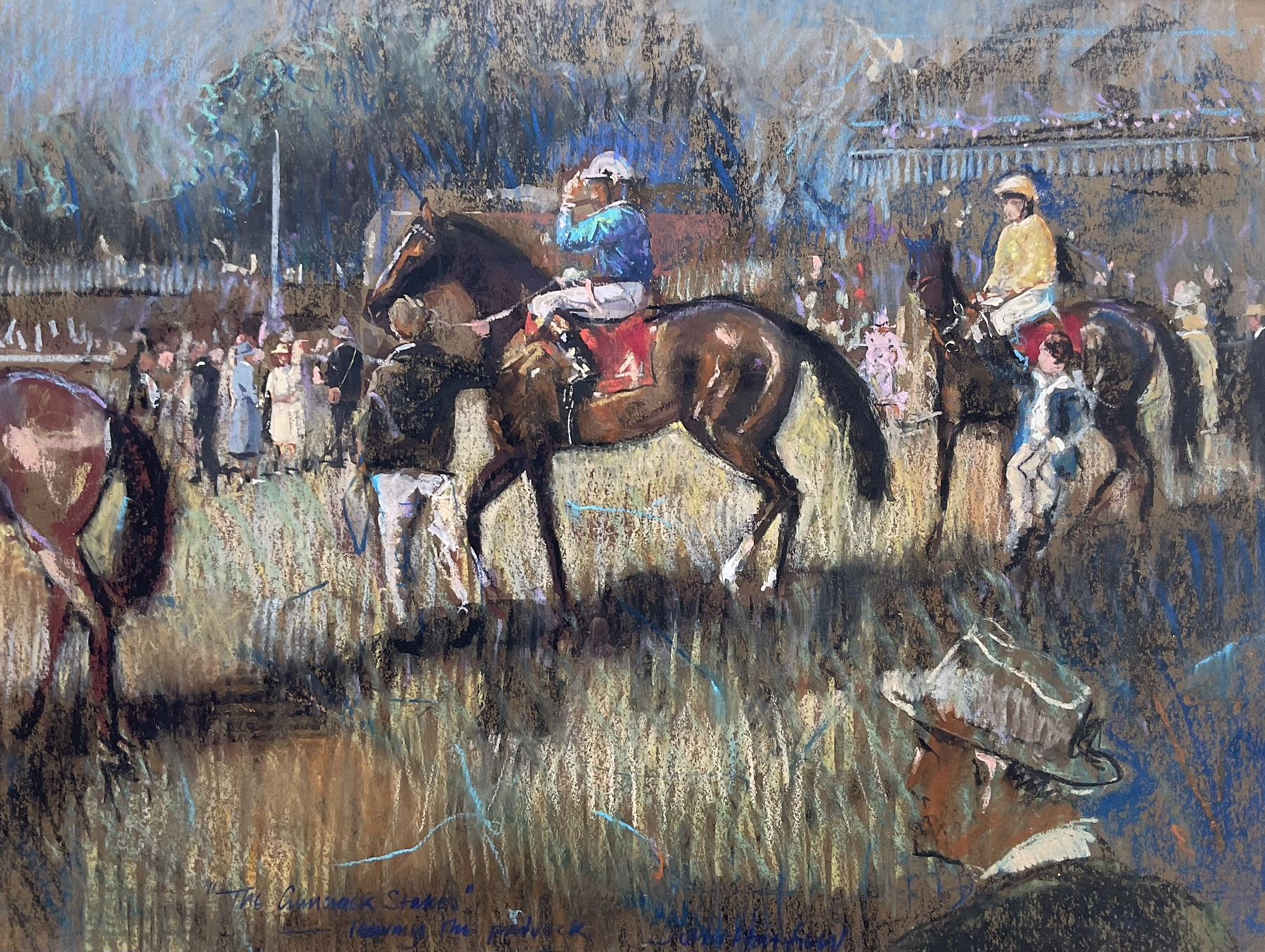 John Hatfield (British 1933-): 'The Gimcrack Stakes - Leaving the Paddock' York Races, oil and oil pastel signed and titled, artist's York address label verso 37cm x 50cm