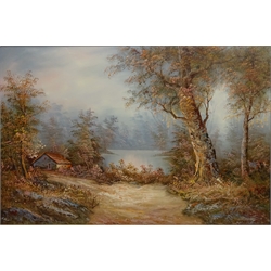  Autumnal River Landscape with Cottage 20th century oil on canvas unsigned 60cm x 90cm  