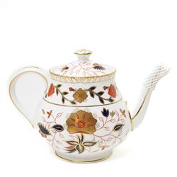 Royal Crown Derby 'Asian Rose' pattern A.962 tea service, comprising tea and coffee pots, open sucrier, milk jug, eight cups and saucers, six side plates, two serving plates, and a boxed Duck with gold stopper