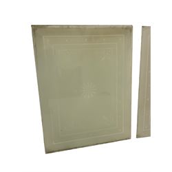 Three Edwardian frosted glass panels, decorated with central paterae motif and a stylised boarder, L70cm H53cm