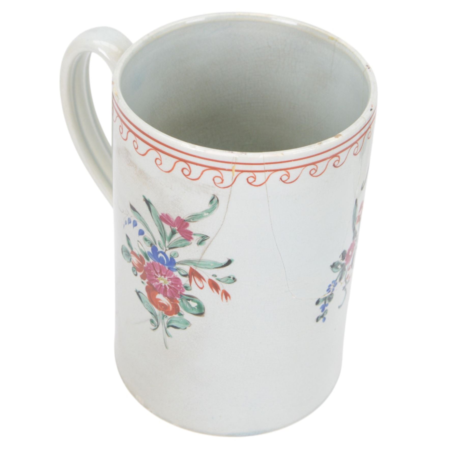 18th century pearlware mug, decorated with floral sprigs, together with 19th century miniature chamber pot printed with the verse and other 19th century ceramics 