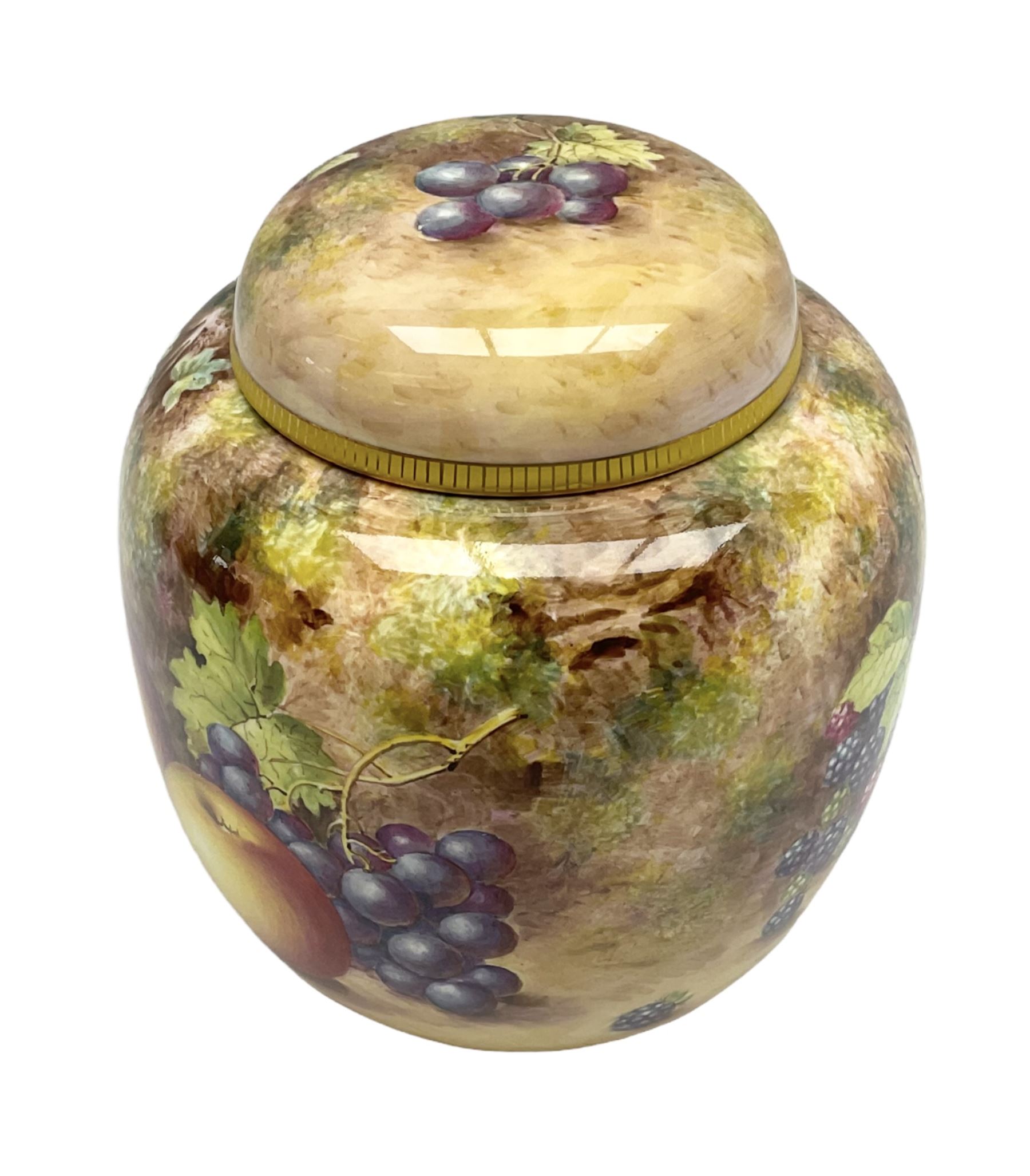 Mid/late 20th century Royal Worcester ginger jar and cover decorated by John Freeman, hand painted with a still life of fruit upon a mossy ground, signed Freeman, with black printed mark beneath and painted shape number 2826, H17.5cm