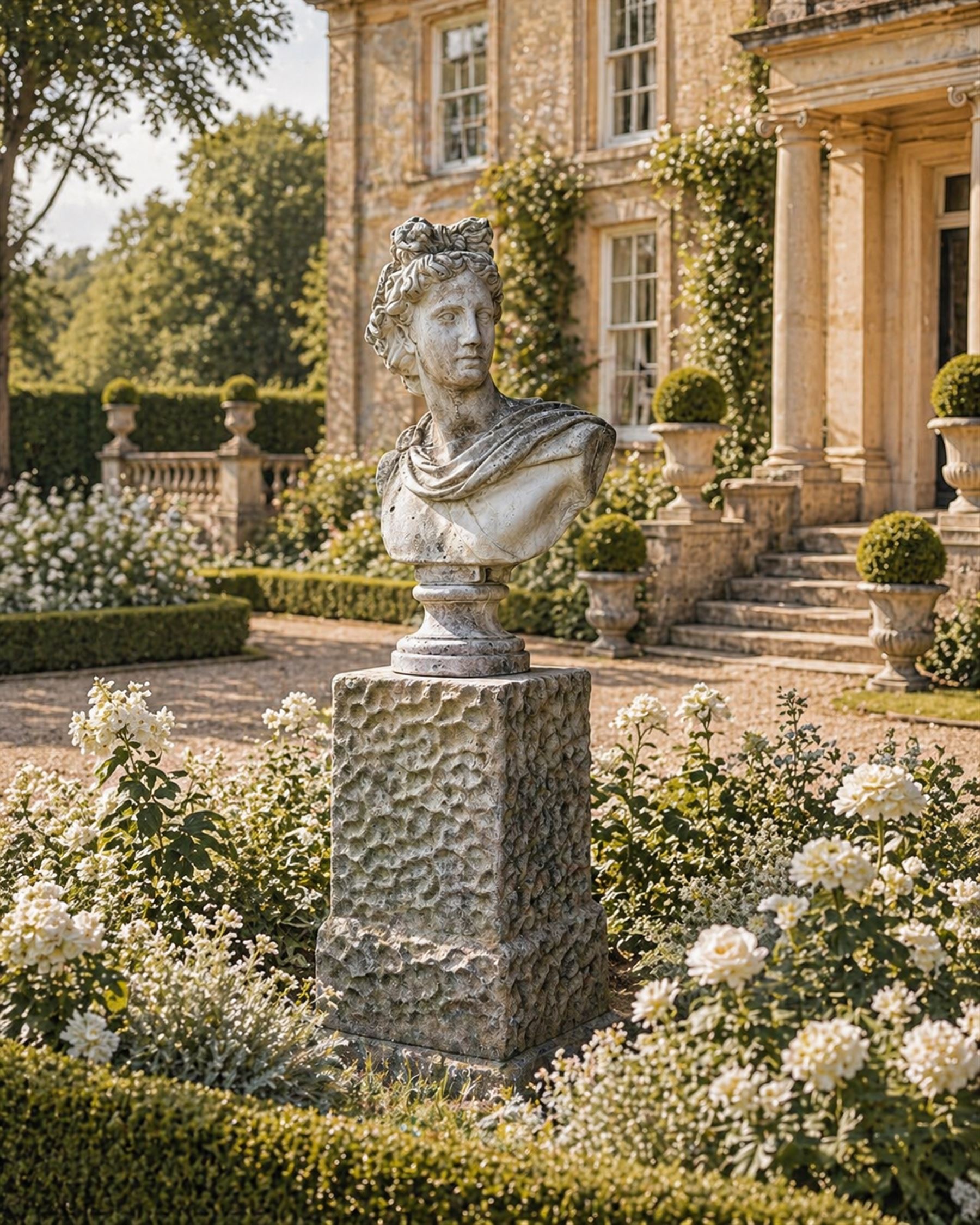 Roman Neoclassical style cast stone bust, weathered finish, raised on textured stone plinth of tapering form