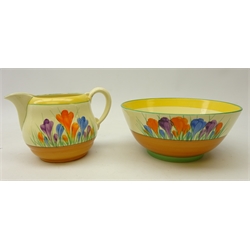  Clarice Cliff Honeyglaze 'Crocus' pattern fruit bowl, D20.5cm and jug, H12.5cm, for Wilkinson pottery (2)  