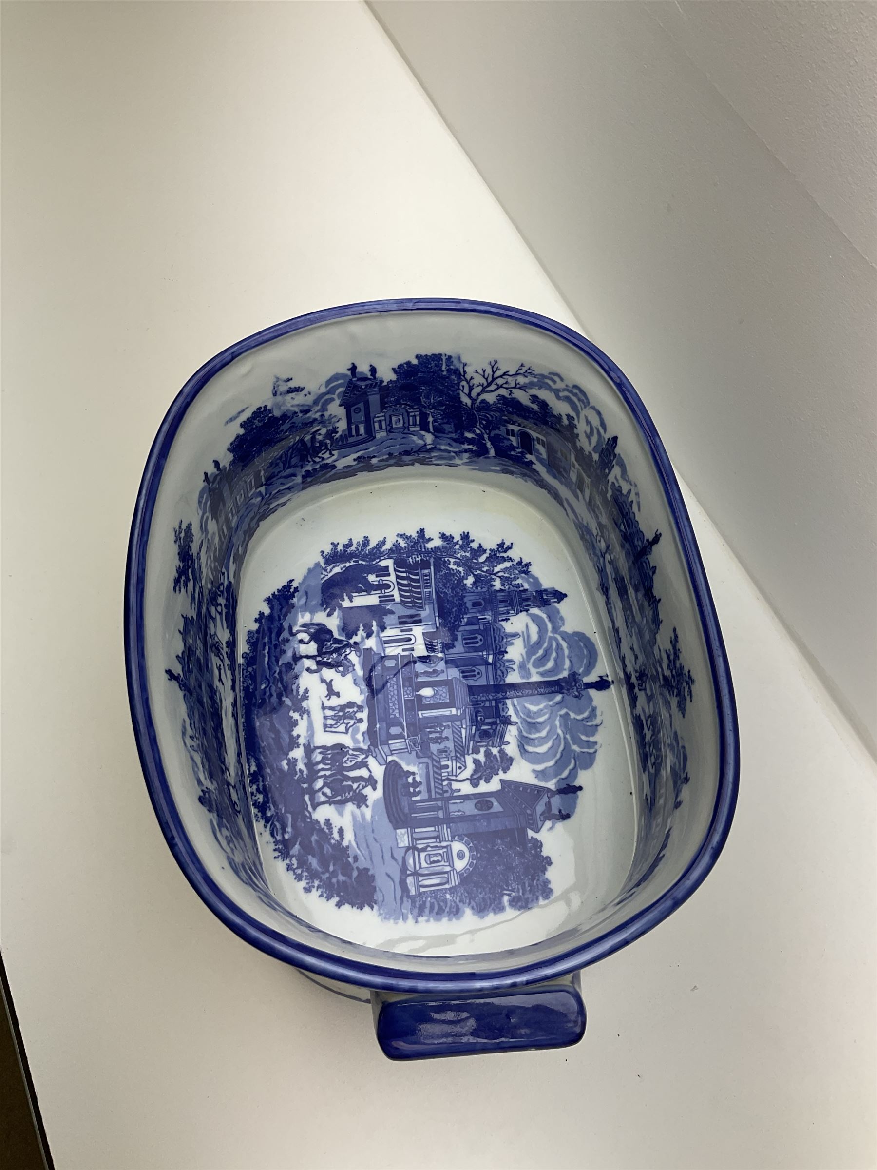 Victorian style, blue and white transfer printed footbath, decorated with town scene and with twin carry handles, L48cm