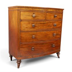 19th century mahogany bow-front chest, shaped top with ebony strung edge over banded frieze, fitted with two short over three long cock-beaded drawers, on turned feet