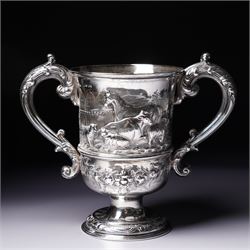 Victorian silver two handled cup embossed with cattle, horses and sheep and presented by Nottingham Mills Company to John Barugh, Thwing H16cm London 1865 Maker Henry Hollannd