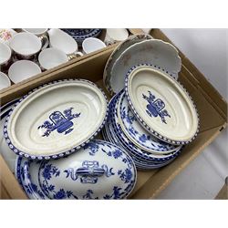 Mintons Delft dinner plates, together with a quantity of blue and white dinner wares by various makers including tureens, dinner plates, side plates and bowls, together with quartz carriage clocks, royal commemorative ware, and a collection of other ceramics and collectables etc, in six boxes