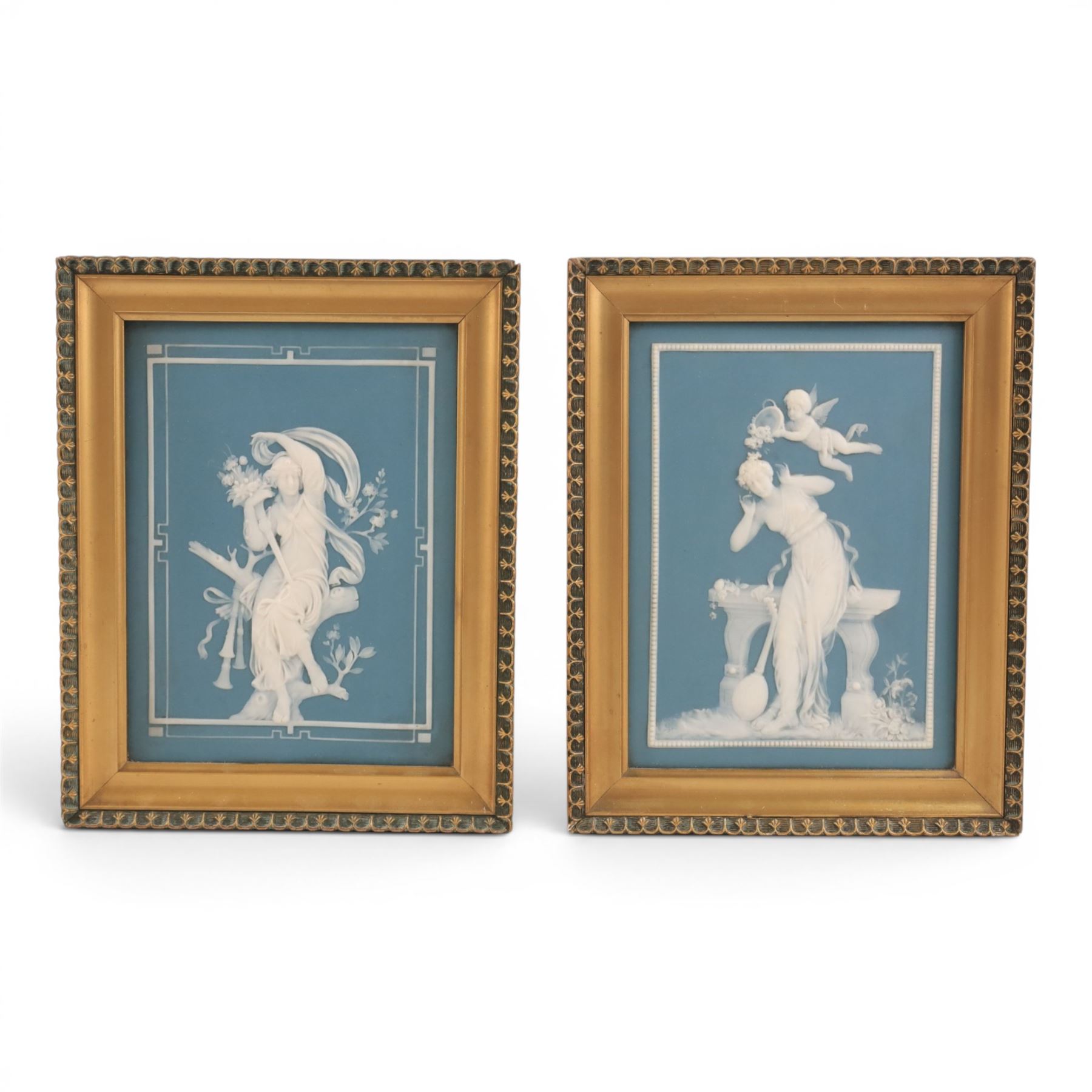 Pair of 20th century Villeroy & Boch, Mettlach, jasperware plaque, decorated with neoclassical figures, impressed factory marks to the back