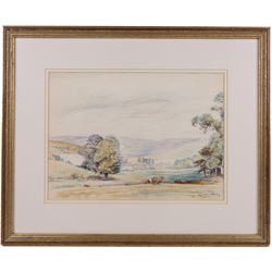 Russell Sidney Reeve (British 1895-1970): Cows in a Field, watercolour, ink and crayon signed and dated '32, 26cm x 36cm 