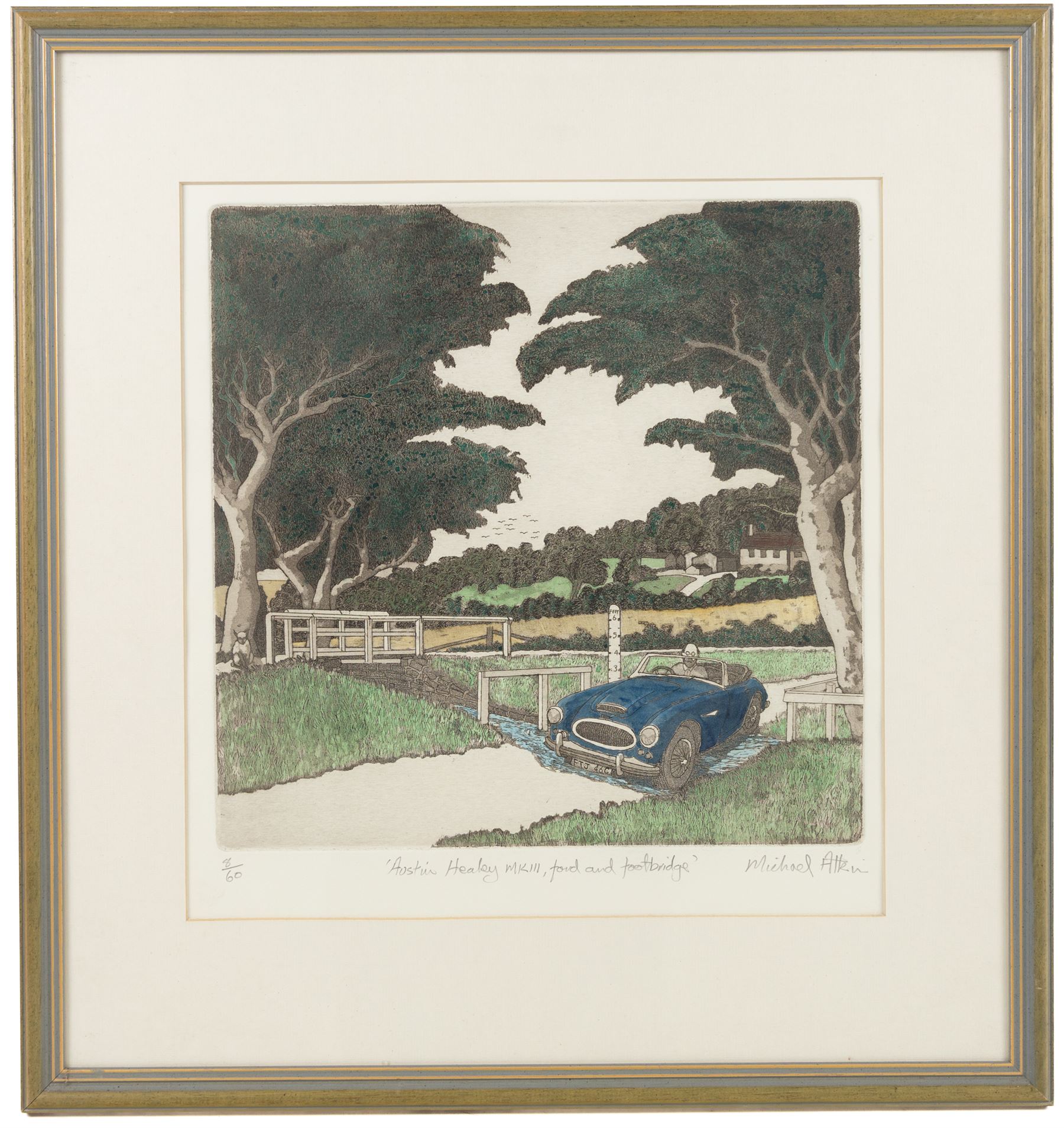 Michael Atkin (Scarborough 1952-): 'Austin Healey MKIII - Ford and Footbridge', limited edition coloured etching signed titled and numbered 8/60 in pencil, 31cm x 31cm 