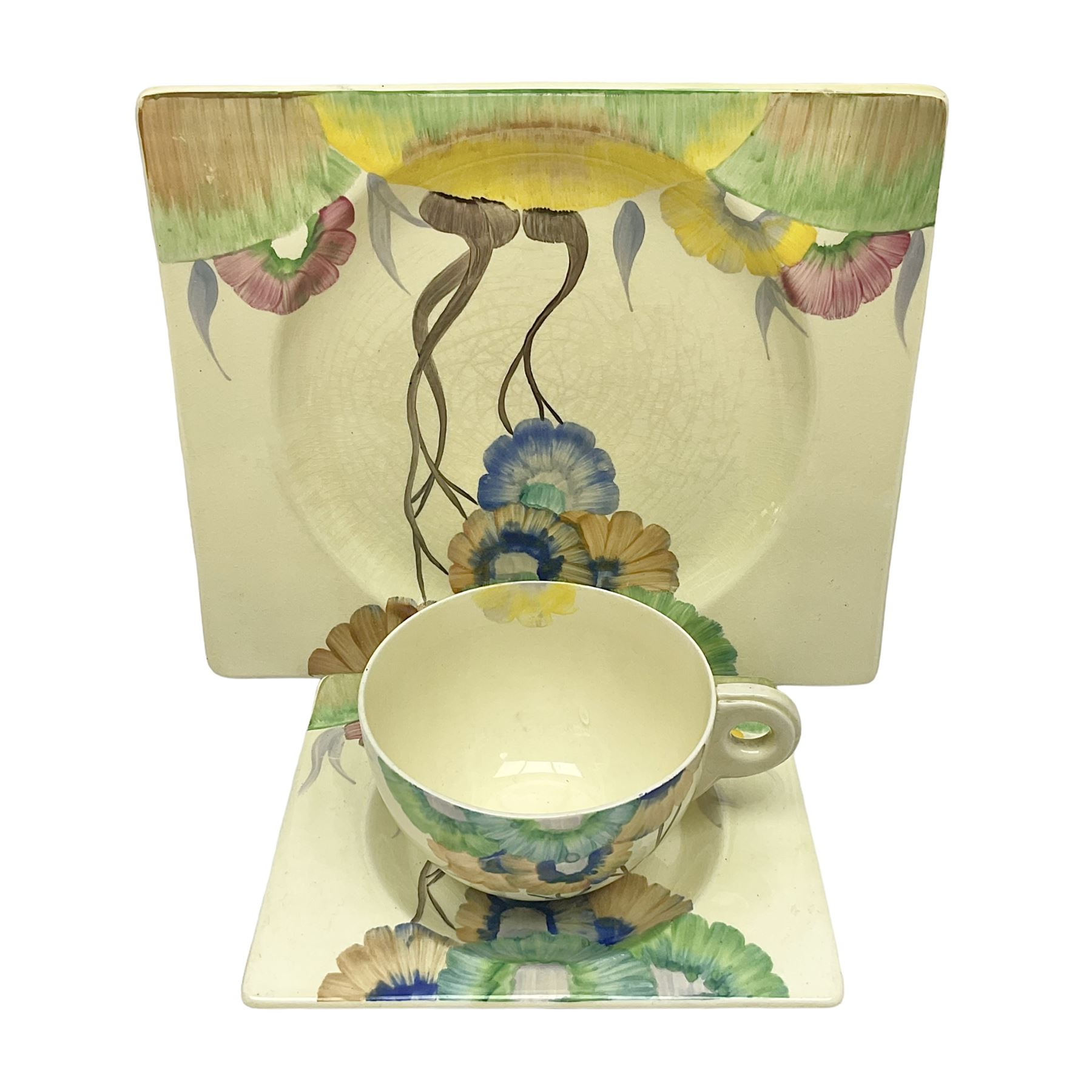 Clarice Cliff Biarritz for Royal Staffordshire/Wilkinson Ltd, teacup, saucer and side plate, in Viscaria pattern, the plate and saucer of rectangular form, each with printed mark beneath