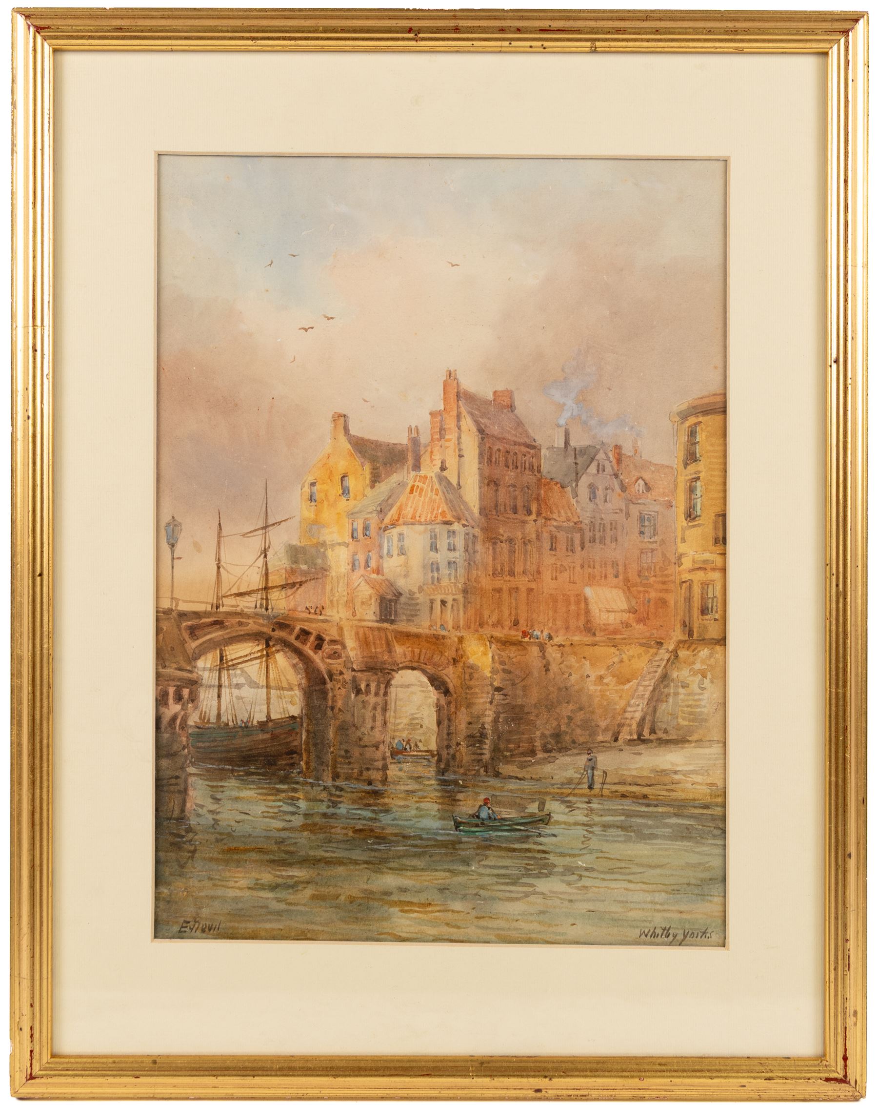 Thomas Swift Hutton (British 1860-1935): 'Tin Ghaut - Whitby', George Percy Bankart (British 1866-1929): ‘River Esk at Whitby’, Edith F Hillier (British 19th/20th Century): ‘The Market Place – Whitby'; together with other Whitby related watercolours variously signed and titled max 36.5cm x 26.5cm (6)