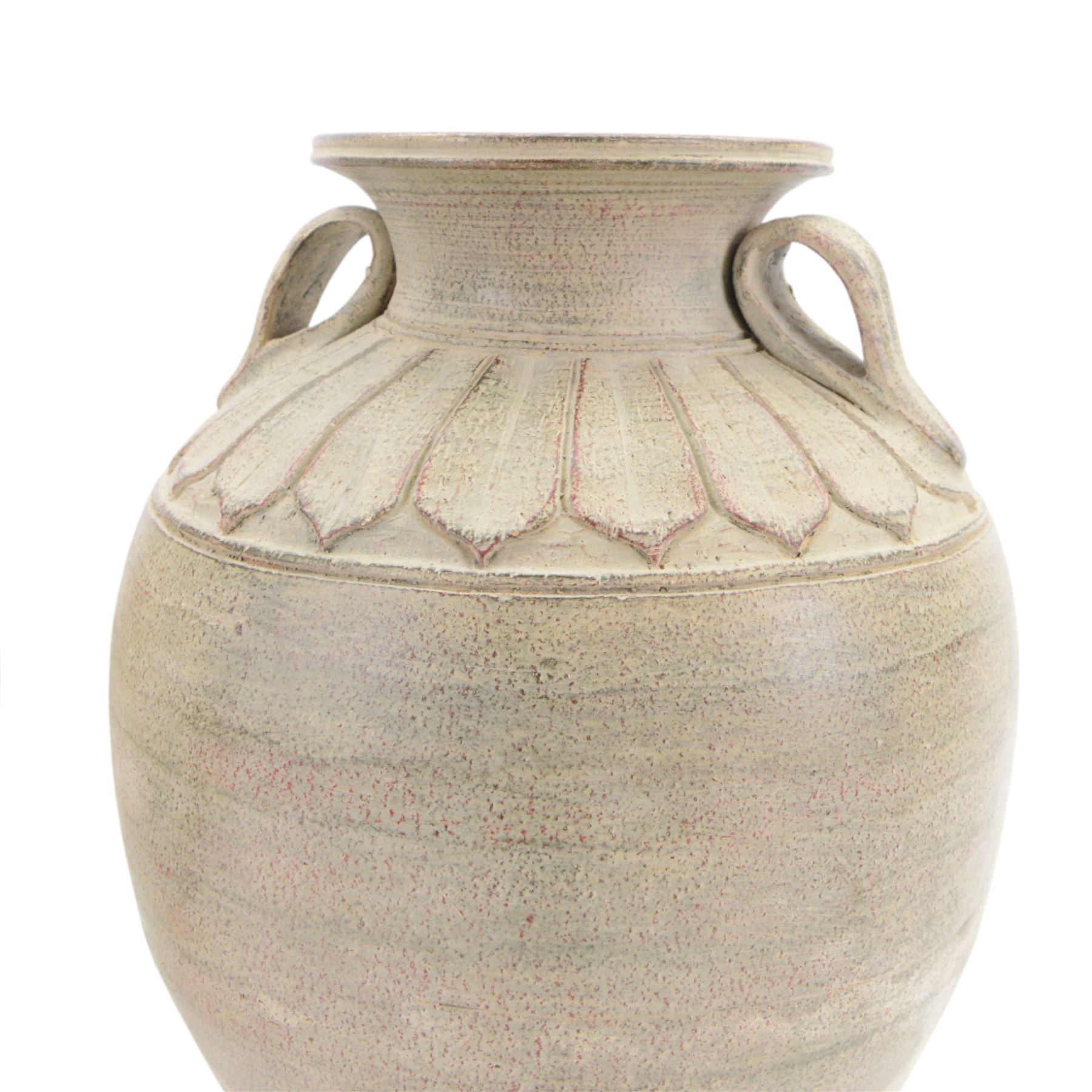 Two large Thai storage jars, with repeating leaf boarder to the neck