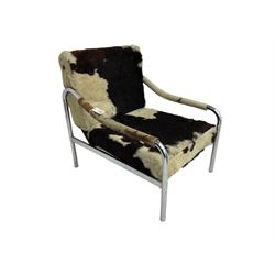 Tim Bates for Pieff - 1970s 'Beta' armchair, chrome frame with leather seat pad, the loose cushions and arms upholstered in tricolour cow hide