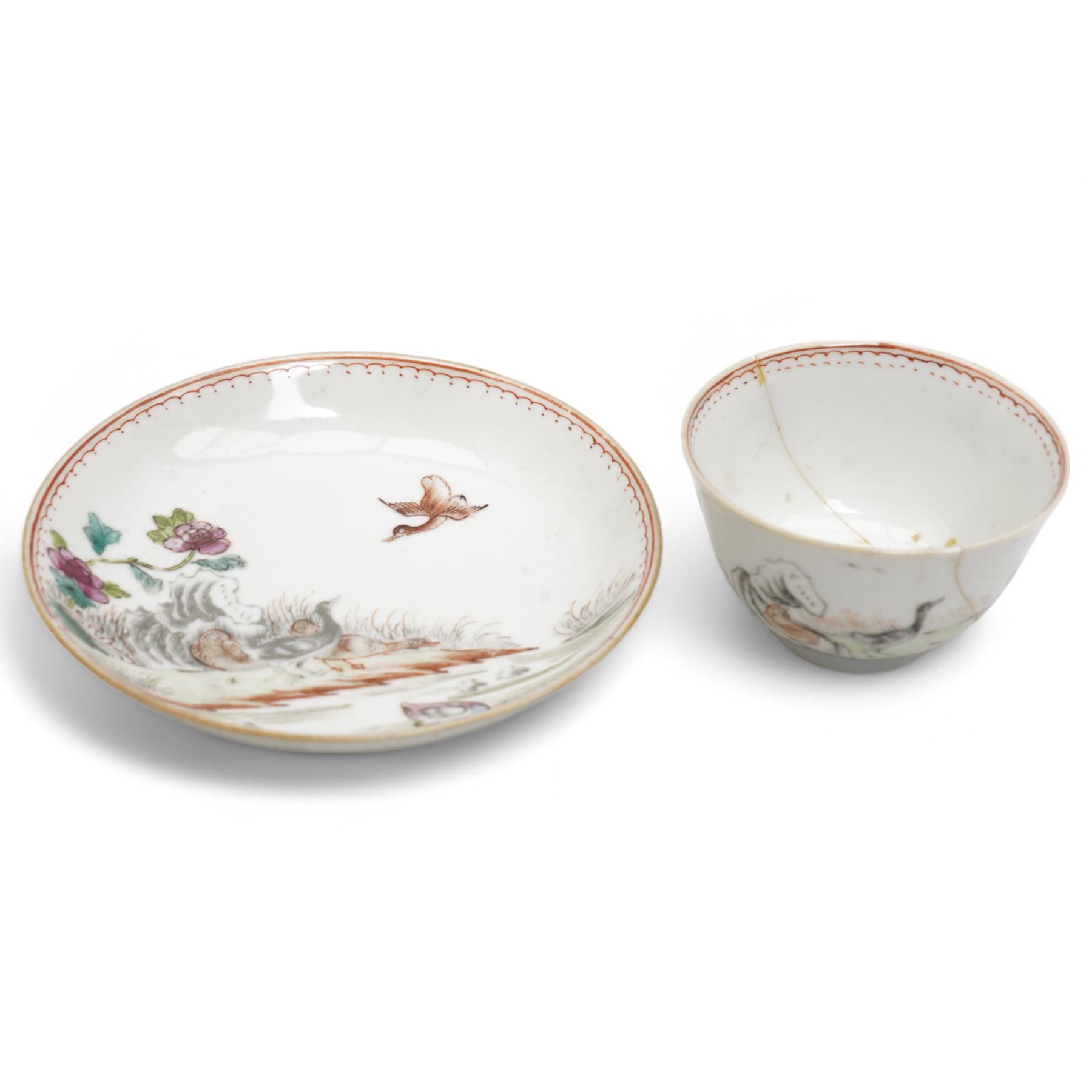 Small 18th century Chinese tea bowl and saucer decorated with ducks in flight and on a river bank, early 19th century Chinese tea pot decorated with landscapes, three small bowls and other Chinese items
