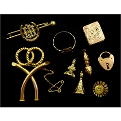 Irish gold Claddagh ring, gold brooch, heart locket all 9ct stamped or hallmarked, 18ct gold diamond set stick pin finial, fob, seed pearl brooch etc