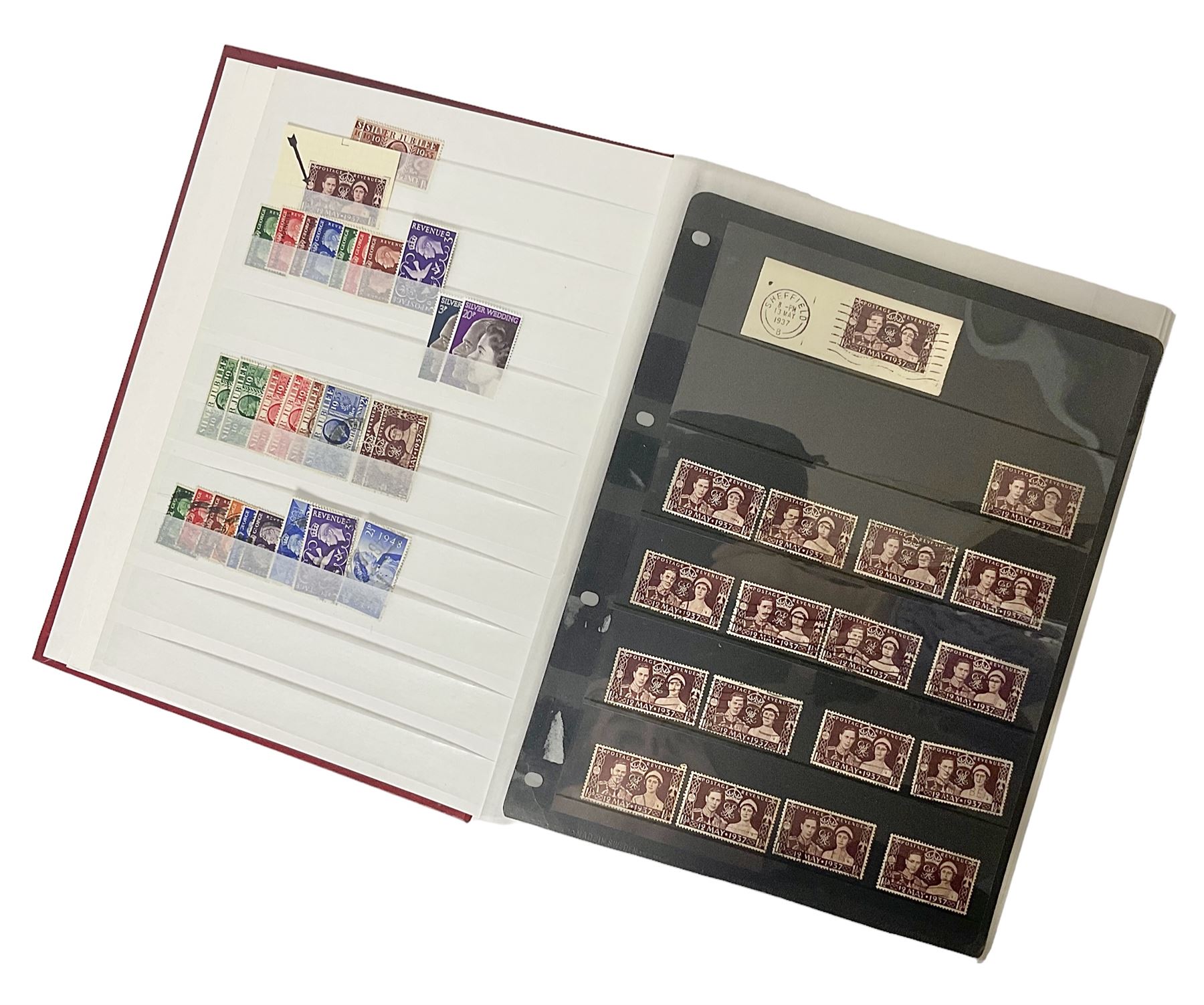 King George V Silver Jubilee stamps 1910-1935 including Bermuda marginal mint block of four, Virgin Islands marginal mint blocks of four including variations/errors, other similar blocks of four etc, various Royal Silver Wedding 1948 stamps, King George VI Victory 8th June 1946, Queen Elizabeth II Coronation etc, housed in a stockbook