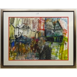 Timothy (Tim) Morrison (British 1952-): Coppergate York, mixed media on paper signed with initials 56cm x 78cm
Provenance: with the Reubens Gallery Leeds; Morrison, a graduate of Edinburgh University and the Royal College of Art, has expressed a pre-occupation with ‘the stage-like theatrical space of the city'. His paintings capture and evoke an idea of the ‘city’ with its strange juxtapositions of frantic activity and rushing crowds and historic, sleepy repose 

