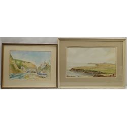 Jean Hardcastle (British 20th century): 'Staithes Bridge', watercolour signed and titled, dated 1987 verso 28cm x 39cm; Cliff Oldfield (British 20th century): 'Cloughton Wyke' looking to Scarborough, watercolour signed and dated '83, titled verso with artist's address 29cm x 48cm (2)