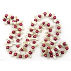  Red and white pearl necklace, 80cm  