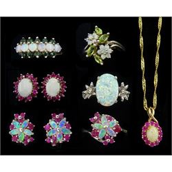 9ct gold opal and ruby pendant necklace and a collection of silver opal and stone set jewellery including opal and ruby flower head cluster ring and pair of matching stud earrings, one other pair of earrings and three rings