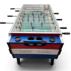 Garlando - vintage coin operated table football, tempered glass top, in red blue and white painted finish with 'Competition'  stencils, complete with ashtrays and score-trackers