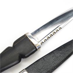 Skean dhu, the 9cm blade with scalloped back edge, with ebonised hilt and stone pommel, in its leather covered sheath with silver collar, hallmarked 1955