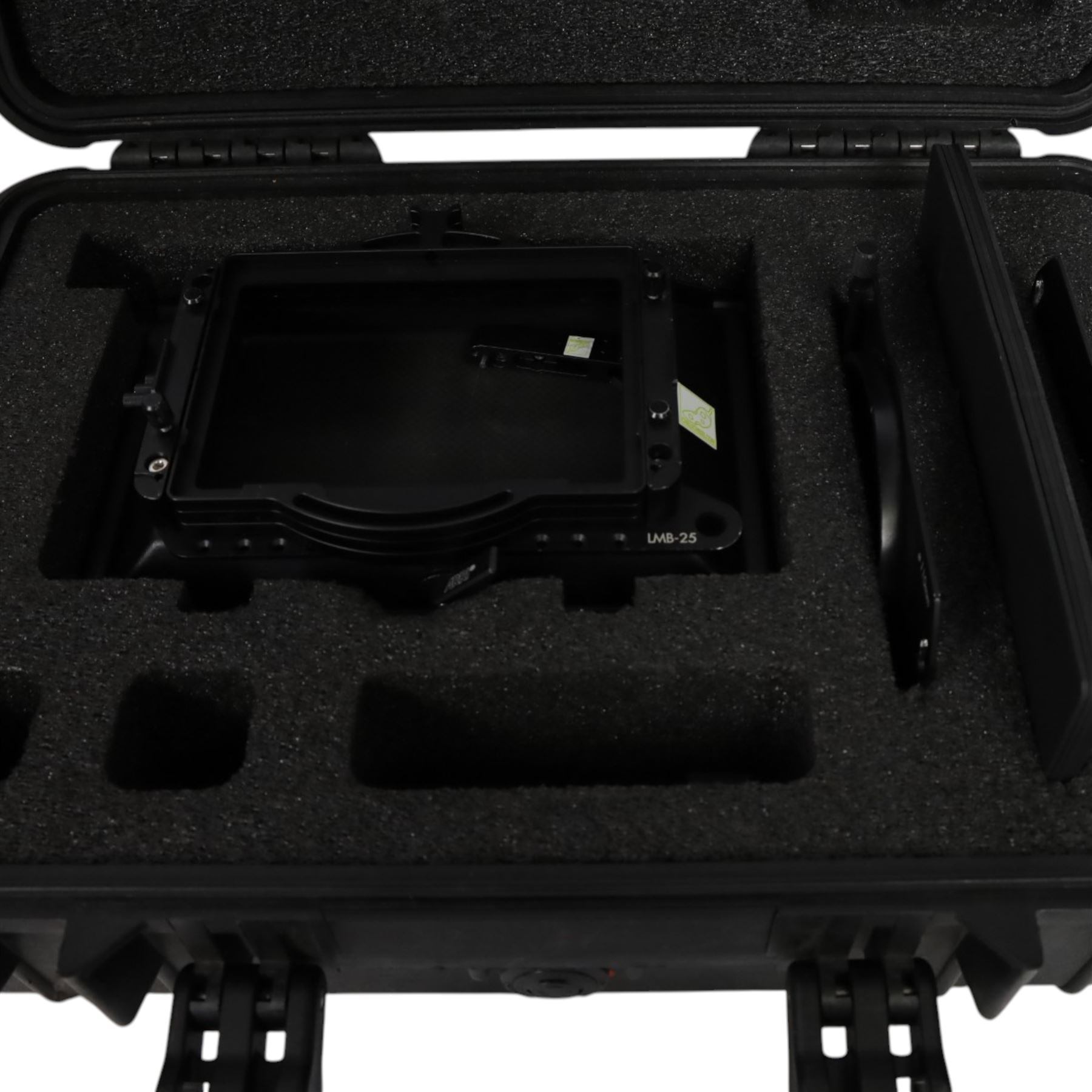 Arri LMB-25 kit comprising LMB-25 Matte Box with three filter stages, one top light shield, two clamp-on adapters one 87mm and one 110mm and five masks, in a custom cut Peli 1500 case