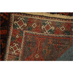  Persian runner rug, deep blue ground with red geometric pointed design, 251cm x 112cm  