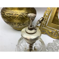 Table lighter in the form of a leather riding boot, H16cm, engraved brass picture frame, brass pot decorated with figures and animals amongst foliage, glass atomiser, etc