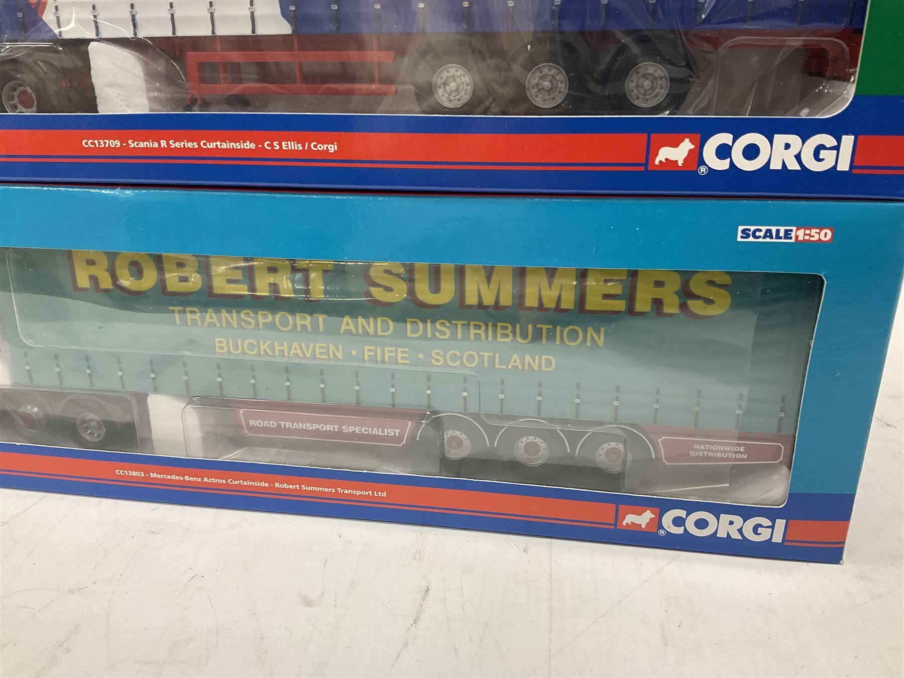 Corgi - three 'Hauliers of Renown' limited edition 1:50 scale heavy haulage vehicles comprising CC13803 Mercedes-Benz Actros Curtainside Robert Summers Transport Limited; and CC13406 MAN TGA XXL Box Trailer Saints Transport; all boxed (3)