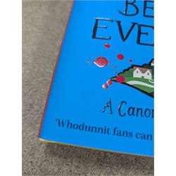 Eight first edition books, comprising signed Bob Mortimer 'And Away' autobiography, signed Richard Coles 'Murder Before Evensong' and six Richard Osman books, including 'The Thursday Murder Club' and 'The Last Devil To Die', with two Richard Osman signed bookplates