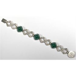 Silver Art Deco cabochon chalcedony and milgrain set crossover paste link bracelet, with engraved 'L' decoration clasp