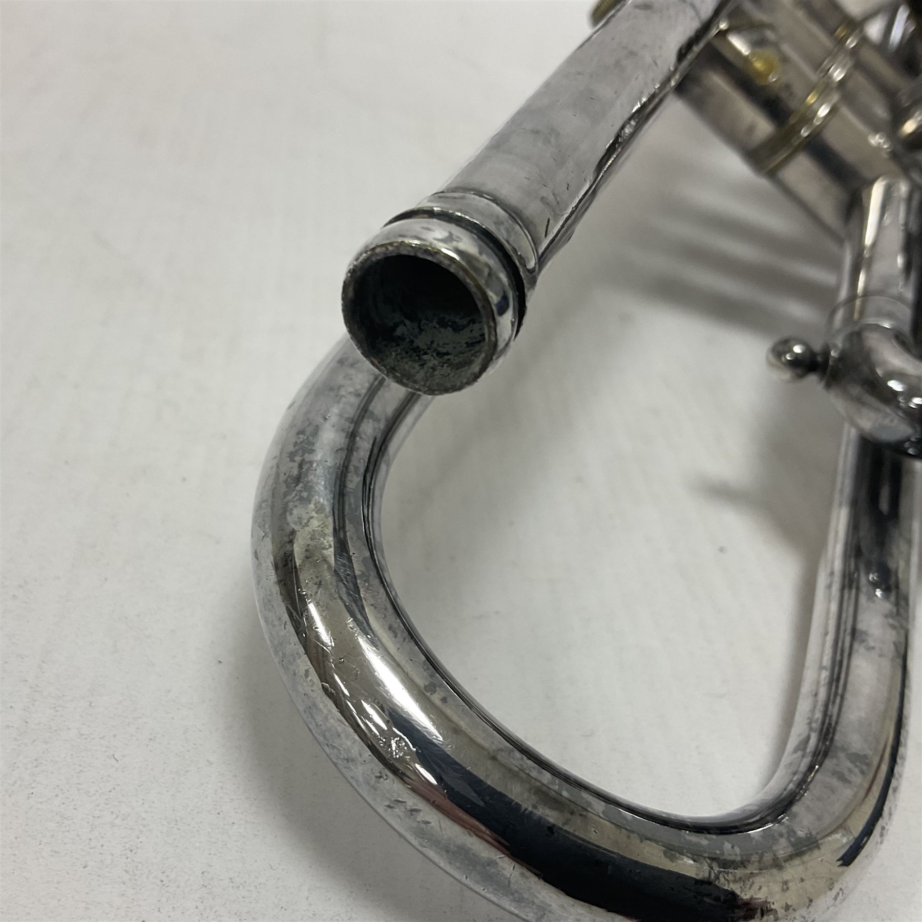 Victorian Class A silver plated trumpet retailed by Kitchen & Co,29 Queen Victoria Street Leeds, 1897 with mouthpiece/slide and in its original felt lined box
