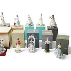 Collection of twenty Royal Worcester 'Victorian Series' figures modelled by Ronald and Ruth Esther Van Ruyckevelt including Tea Party, Picnic, Charlotte and Jane, Alice and others, mostly boxed and with certificates (20)