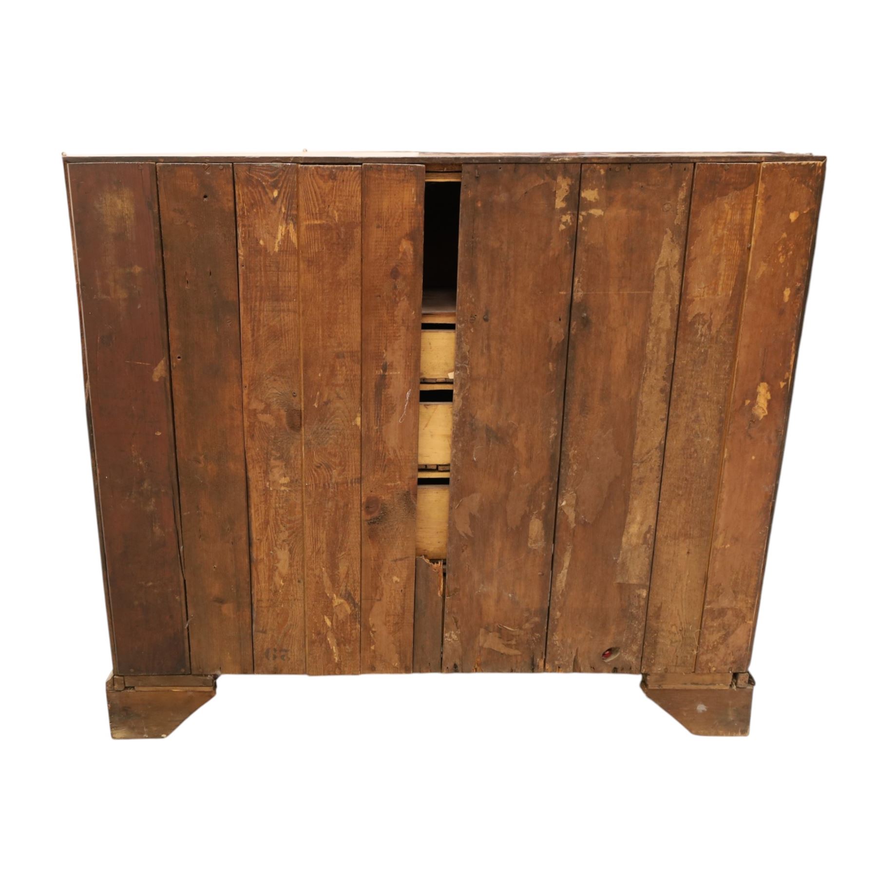 George III mahogany bureau of large proportions, the fall-front enclosing fitted interior with fluted column secret compartments and assorted pigeonholes and correspondence drawers flanking central cupboard, over four graduating cock-beaded drawers with original brass swan-neck handles, raised on bracket feet