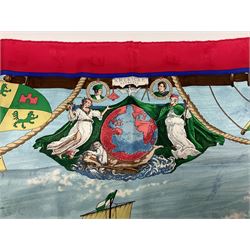 Hermès 'Christophe Colomb Découvre l'Amérique' jacquard silk scarf, designed by Carl de Parcevaux in 1992, limited edition for the bi-centenary of the discovery of America, printed with a central image of Christopher Columbus' ship at sea, surrounded with colourful stylised feathers, birds, flags, globes, shells and flowers, contained within vibrant red border, with rolled hand stitched edges and Hermes material label, 87cm square