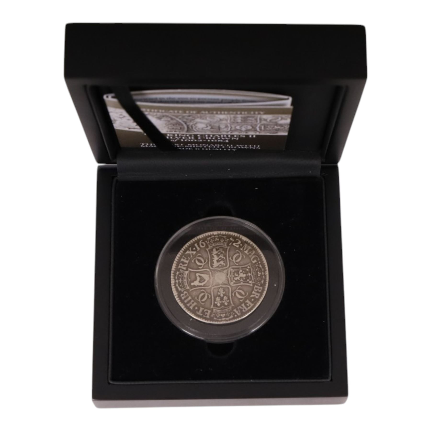Charles II 1672 silver one crown coin, in Hattons of London case