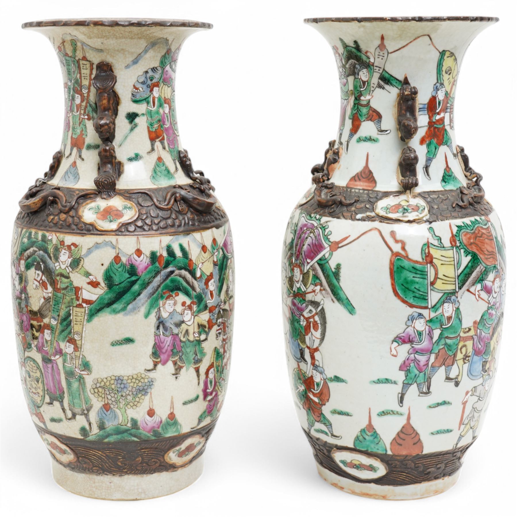 Pair of late 19th/Early 20th century Cantonese baluster vases decorated with warriors and mythical beast handles on a white ground H44cm 