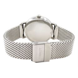 Tissot Everytime ladies stainless steel quartz wristwatch, Ref. 143210, silvered dial with baton hour markers, on integral interchangeable bracelet, boxed
