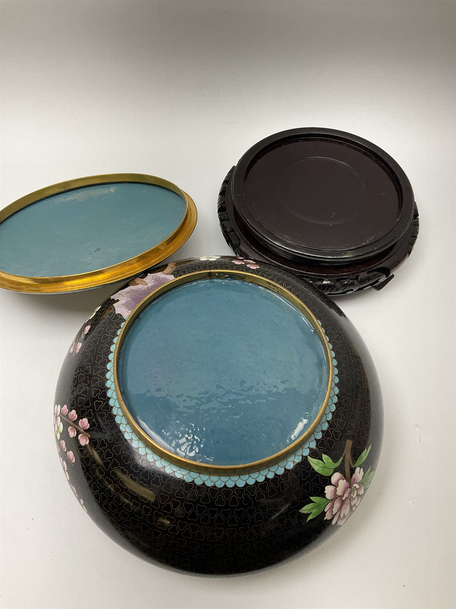 A Japanese cloisonne jar and cover, of squat form decorated with prunus blossom and birds in flight upon a black ground, with pierced wooden stand, jar D24cm.