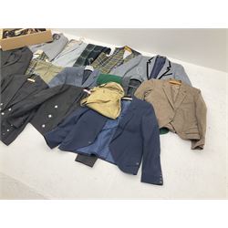 Vintage and later clothing including mess jackets, waistcoats, by various makers including 'Skopes', 'Saxon Hawk', 'Lincroft', 'Grendale' etc, belts including leather examples etc, in three boxes