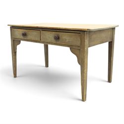 19th century stripped and painted rustic pine table, rectangular triple plank top fitted with two drawers, raised on square tapering supports