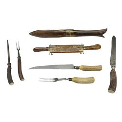 Early 20th century Indian wooden fish scabbard knife and fork serving set, together with other carving instruments with antler handles to include a Walker & Hall example