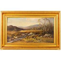 Tom Campbell (British 1865-1943): Hillside Landscape with Flowing River, oil on wood panel signed 24cm x 44cm