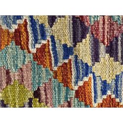 Chobi Kilim flatweave rug, dark navy ground with a vibrant multicoloured diamond lattice, framed by stylised border motifs, braided corner tassels