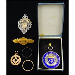 Victorian gold stone set brooch, rose gold Masonic pendant, two gold Elephant hair rings, all 9ct, silver enamel 'Trinity College of Music' medallion and a silver brooch/medallion 