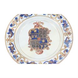 Early 18th century Chinese Imari armorial plate, circa 1720, painted with central arms of Fellowes quartering Coulson, surrounded by a European leaf scroll to the rim and heightened with gilt throughout, D22cm

Cf. Comparable pair of plates:
Lot 253, Benjamin F. Edwards III collection of Chinese Export, Christie's, 20th January 2004

Footnote: Sir John Fellowes was born in 1670, and was director and sub Governor of the South Sea Company. He became a baronet in 1719 and resided at Carshalton in Surrey. It is believed that this service would have been ordered in around 1719 or 1720

